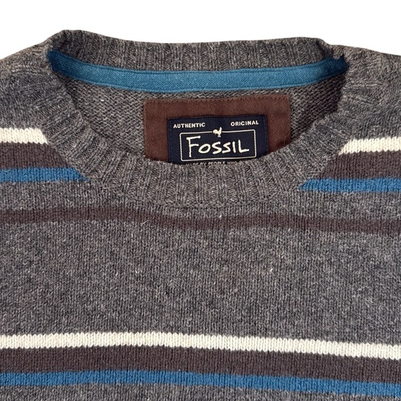VTG 90s Fossil Gray Stripe Crewneck Sweater Cotton Lambswool Blend Grandpa Large - Picture 2 of 10